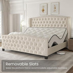 LARMACE King Size Bed Frame Velvet Upholstered Platform Bed with Wingback Headboard & Footbaord, Deep Button Tufted Bed Frame with Wood Slats Support, No Box Spring Needed, Beige