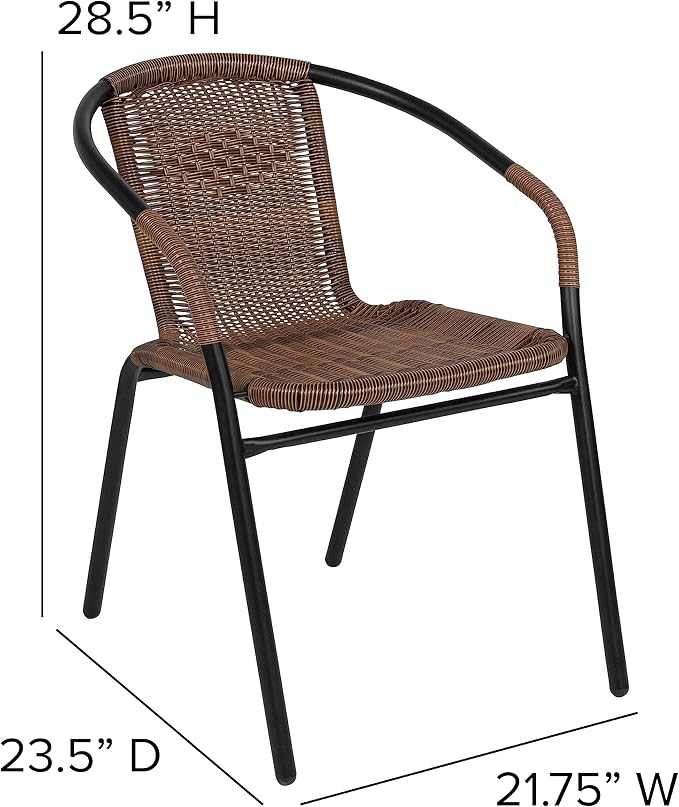 EMMA + OLIVER Set of 4 Modern Rattan Indoor/Outdoor Stack Chairs, Stacking Rattan Patio Chairs with Curved Back and Cross Bracing, Brown