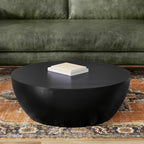 SIMPLIHOME Elmbrook Coffee Table - 34 inch Wide Solid Mango Wood Modern Industrial Round Drum Cocktail Table in Black, Sculptural Living Room Table with Low Profile Design, Assembled