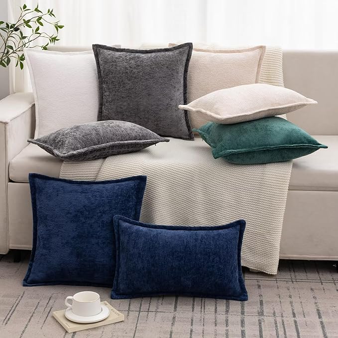 Green Decorative Throw Pillow Covers 18x18 Inch Set of 2 Cozy Soild Chenille Cushion Cases Soft Textured Square Couch Pillows Cover Boho Accent Farmhouse Pillowcases for Sofa Bed