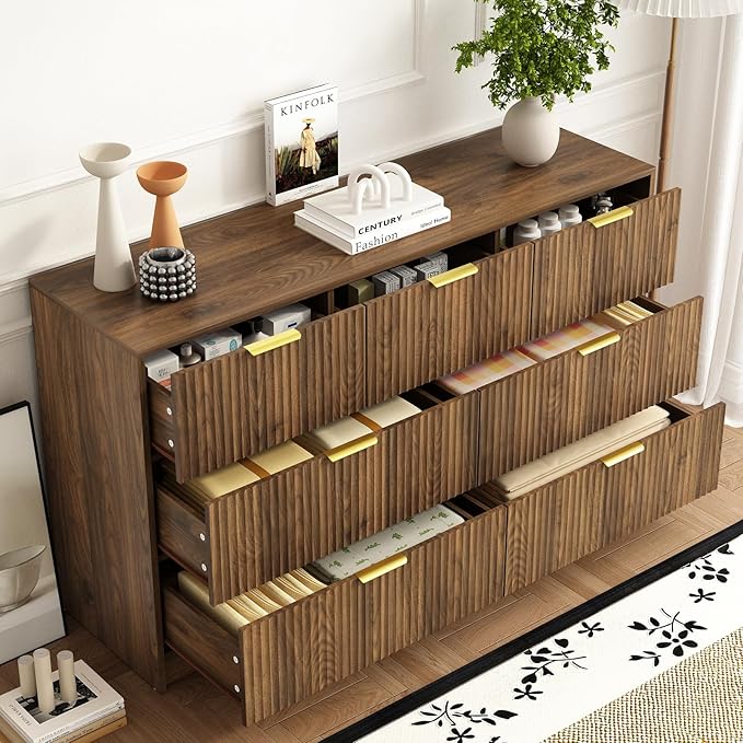 3-Piece Modern Bedroom Furniture Set, Wide 7-Drawer Dresser & 2-Drawer Nightstands Set of 2, Natural Wood Dresser and Nightstand Sets for Bedroom, Hallway, Walnut