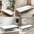 Folding Bed with Memory Foam Mattress, Portable Rollaway Guest Beds on Wheels, 75"x31" Twin Size Space-Saving Cot-Size Bed for Adults with Easy Assembly Metal Frame (White)