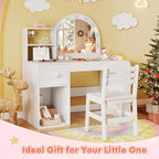 Costzon Kids Vanity, Girls Vanity Set with Lighted Mirror, Bookshelf, Drawer, Storage Cabinet & Shelves, Toddler Makeup Vanity Desk Dressing Table, Wooden Kids Vanity Table and Chair Set (White)