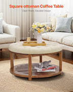 VEVOR Large Round Ottoman Coffee Table, 31.9 Inch Tufted Coffee Table with Solid Wood Shelf Storage, Linen Solid Upholstered Footrest Ottoman for Bedroom Living Room, 350 LBS, Linen Color
