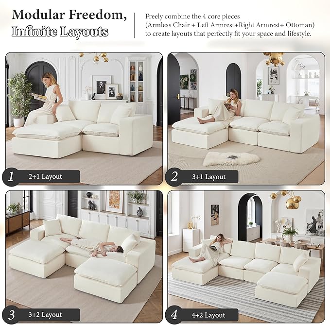 108" Sectional Couches for Living Room Boneless Couch Upholstered Cloud Couch Sectional Modular Sectional Sofa with L Shaped (Chenille-White, 3 Seat+2 Ottoman)