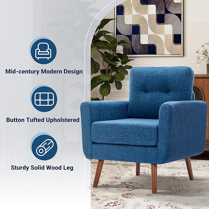 Tbfit Linen Fabric Accent Chairs Set of 2, Mid Century Modern Armchair for Living Room, Bedroom Button Tufted Upholstered Comfy Reading Accent Chair Sofa(Blue)