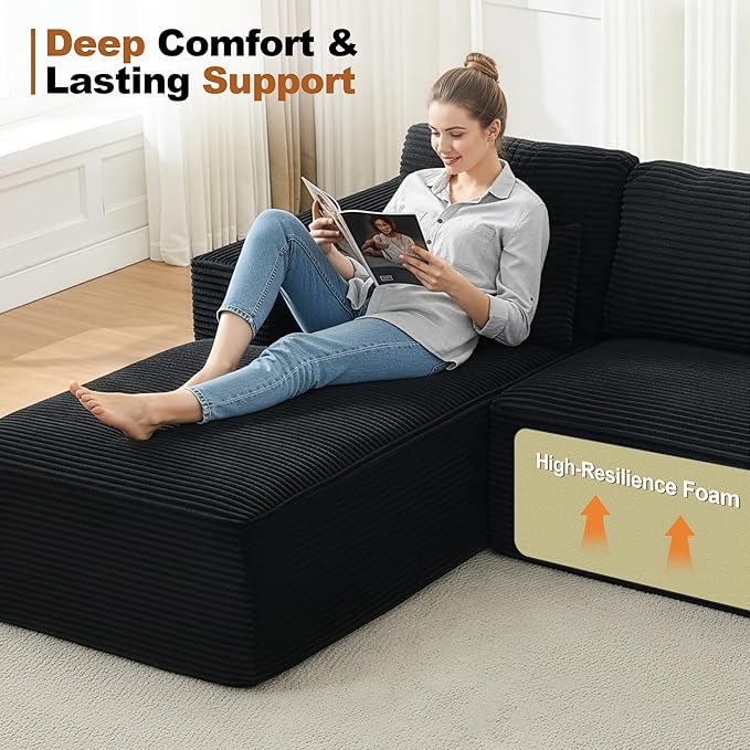 L-Shape Cloud Modular Sectional Sofa Couch,Modern Boneless Sectional Couch with Deep Seat,Upholstered Couches for Living Room Bedroom,No Assembly Required,Black