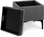 SIMPLIHOME Natasha 18 inch Wide Mid Century Square Mid Century Storage Ottoman with Tray in Slate Grey Polyester Linen, Assembled, For the Living Room, Entryway and Family Room