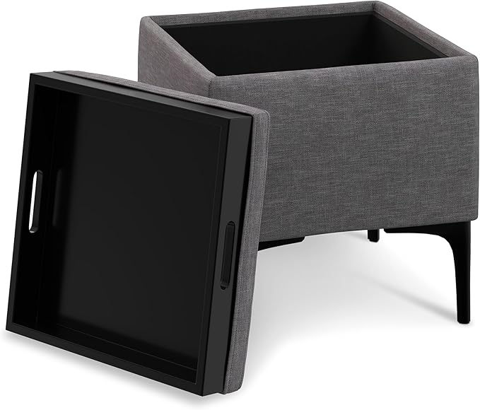 SIMPLIHOME Natasha 18 inch Wide Mid Century Square Mid Century Storage Ottoman with Tray in Slate Grey Polyester Linen, Assembled, For the Living Room, Entryway and Family Room