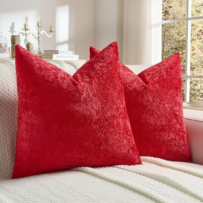 FUTEI Christmas Red Flannel Throw Pillow Covers 16x16 Inch Set of 2,Soft Dimensional TextuChristmas Red Cushion Cases,Modern Home Decor for Couch Living Room