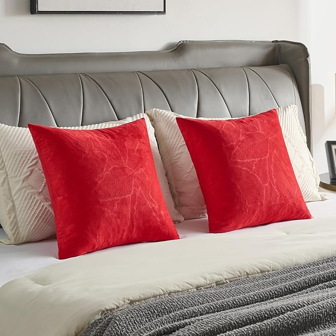 FUTEI Christmas Red Velvet Throw Pillow Covers 16x16 Inch Set of 2,Soft Embossed Leaf-Relief Textured Cushion Cases,Natural Home Decor for Couch Living Room