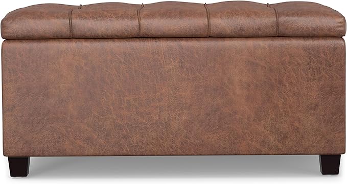 SIMPLIHOME Sienna 33 inch Wide Transitional Rectangle Storage Ottoman Bench in Distressed Saddle Brown Vegan Faux Leather, Assembled, for The Living Room, Entryway and Family Room