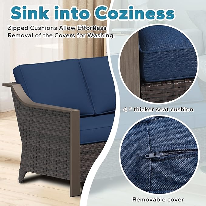 3 Pieces Outdoor Patio Conversation Furniture Set - 75" 3-seat Sofa | 2 Wicker Chairs, Deep Seat Couch, Removable Cushions, PE Rattan, Metal armrests, Yard (Navy Blue)