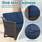 3 Pieces Outdoor Patio Conversation Furniture Set - 75" 3-seat Sofa | 2 Wicker Chairs, Deep Seat Couch, Removable Cushions, PE Rattan, Metal armrests, Yard (Navy Blue)