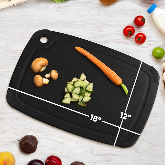 Dishwasher Safe Cutting Boards for Kitchen - Extra Large Composite Wood Cutting Board with Non-Slip Feet & Juice Groove - Thin & Lightweight Eco-Friendly Chopping Board (18 x 12 Inch, Slate Black)