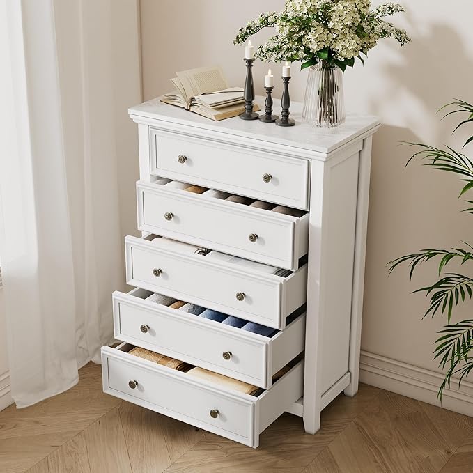 BLANKSPACE White Dresser, 5 Chest Drawer Dresser for Bedroom, Large Capacity Wood Cabinet for Bedroom, Modern Nightstand, Closets, Hallway