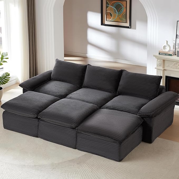 113.03" Sectional Couches for Living Room Modern Modular Sofa Couchs Upholstered Corduroy Boneless Couch Deep Seat Cloud Couch with Ottoman, No Assembly Required, Dark Gray