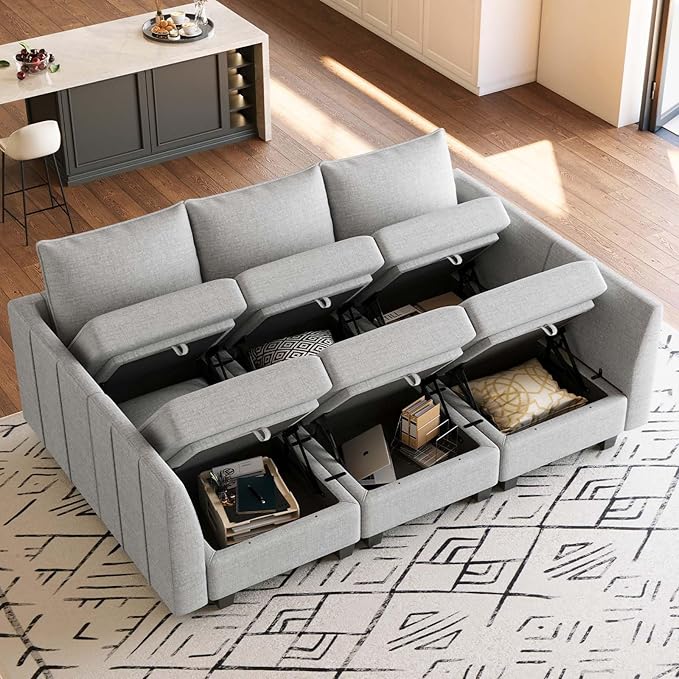 Belffin Modular Sectional Sofa Chenille Sleeper Sectional Couch with Storage Modular Sofa Bed for Living Room, 6 Seats, Light Grey
