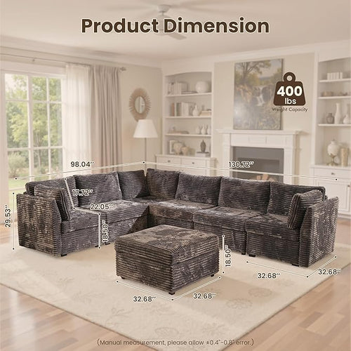 130'' Modern Modular Sectional Sofa with Ottoman, 7 Pieces L Shaped Cloud Couch for Living Room, Oversized Deep Seat Convertible Sofa Set, Plush Corduroy Gray