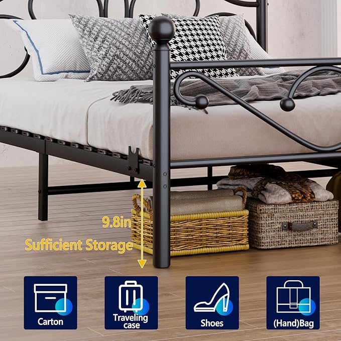 Metal Queen Single Bed Frame with Storage Space, 82.7" in Steel Bed Frame with Protective Foot Pads, Strong Bearing Capacity Queen Size Bed, Easy Assembly, Underbed Storage Space（40.1 inch）