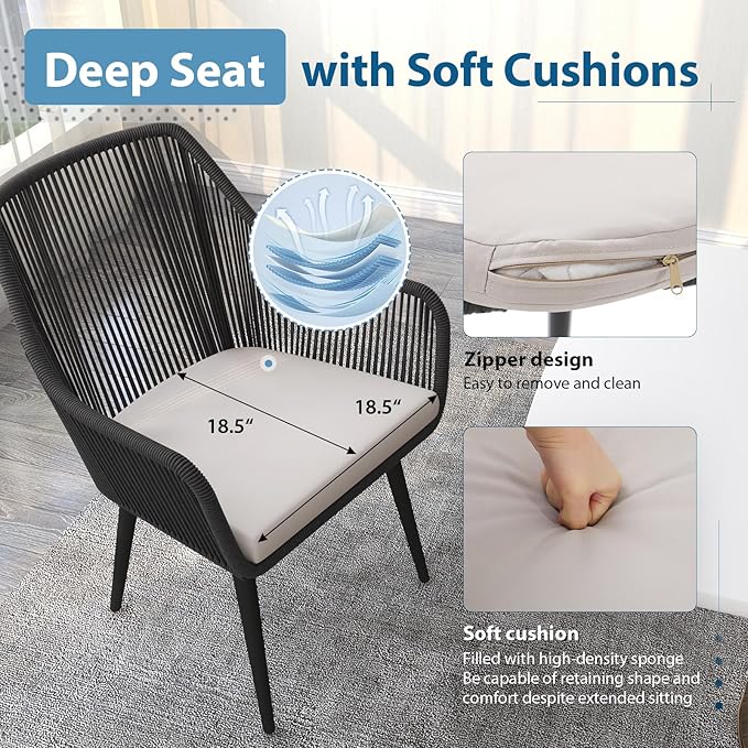 JOIVI Outdoor Dining Chairs Set of 6, 6 Pieces Woven Rope Patio Chairs with Armrest and Seat Cushions for Outside Porch, Balcony or Indoor Dining Kitchen, Restaurant, Black