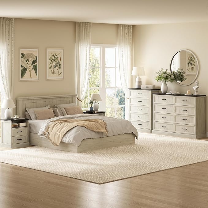 CARPETNAL Farmhouse Dresser and Nightstand Sets for Bedroom, 4 Pcs Bedroom Set, 5 Drawer & 8 Drawer Dresser and Nightstand Set of 2, Wood Chest of Drawers for Living Room, Entryway, White