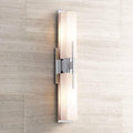 Possini Euro Design Midtown Mid Century Modern Wall Mount Light Chrome Silver Metal 23 1/2" Wide 2-Light Vanity Fixture Rectangular White Glass Shades Decor for Bathroom Over Mirror House Home