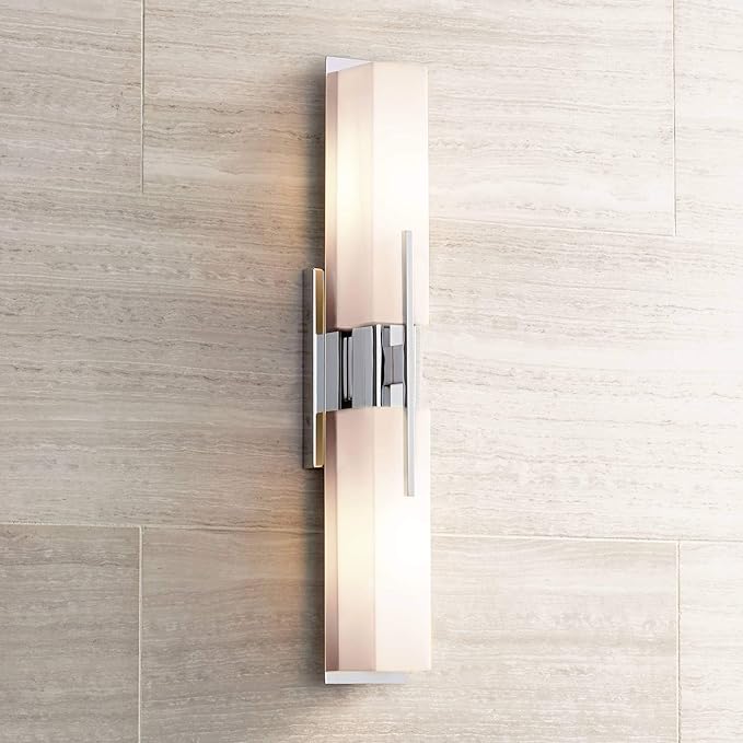 Possini Euro Design Midtown Mid Century Modern Wall Mount Light Chrome Silver Metal 23 1/2" Wide 2-Light Vanity Fixture Rectangular White Glass Shades Decor for Bathroom Over Mirror House Home