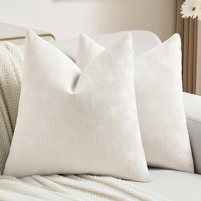 FUTEI Cream Chenille Decorative Throw Pillow Covers 22x22 Inch Set of 2,Soft Cozy Striped Geometric Patterns Cushion Cases,Modern Home Decor for Couch Bed Living Room