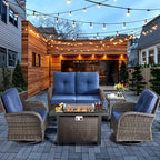 HUMMUH 5-Piece Patio Furniture Set with Fire Pit,Wicker Patio Glider Loveseat Outdoor Swivel Rocker Chairs for Backyard,Poolside,Deck