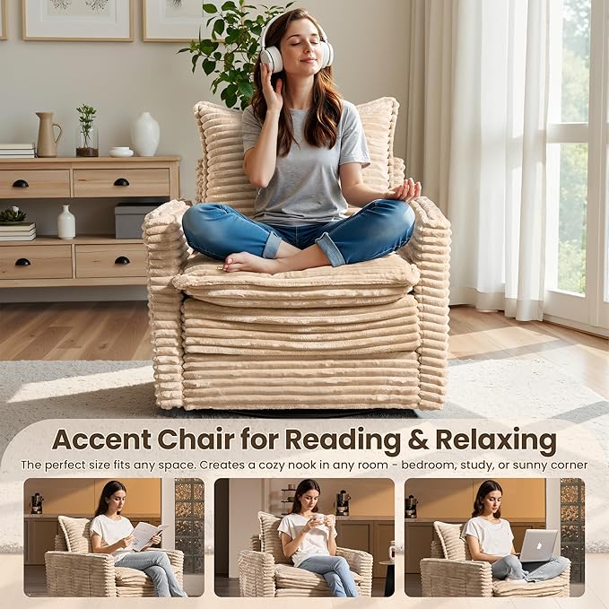 Swivel Accent Chair Set of 2, Modern Sofa Chairs for Living Room, Plush Upholstered Cloud Chair with Double Layer Thick Cushions, Bedroom Reading Nook Armchair, Beige