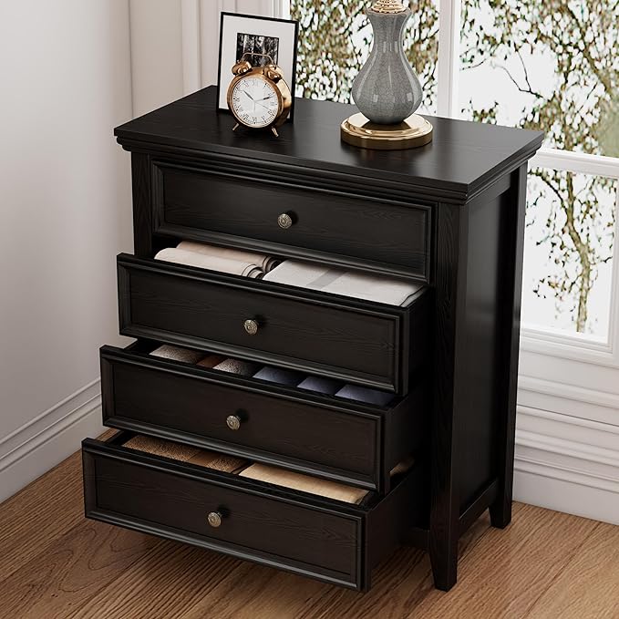 BLANKSPACE Black Dresser for Bedroom, 4 Chest of Drawer Modern Wood Nightstand, Wooden Clothes Organizer Cabinet Dressers for Living Room, Closets, Hallway