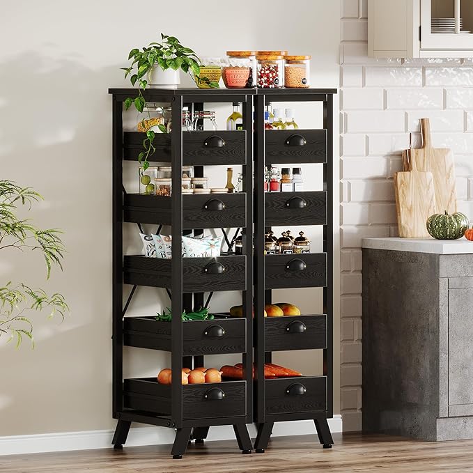 Tribesigns Black Wood Fruit and Vegetable Storage Rack Set of 2, 5-Tier Narrow Snack Stand Kitchen Stand Fruit Basket, Pull-Out Utility Organizer for Kitchen, Living Room