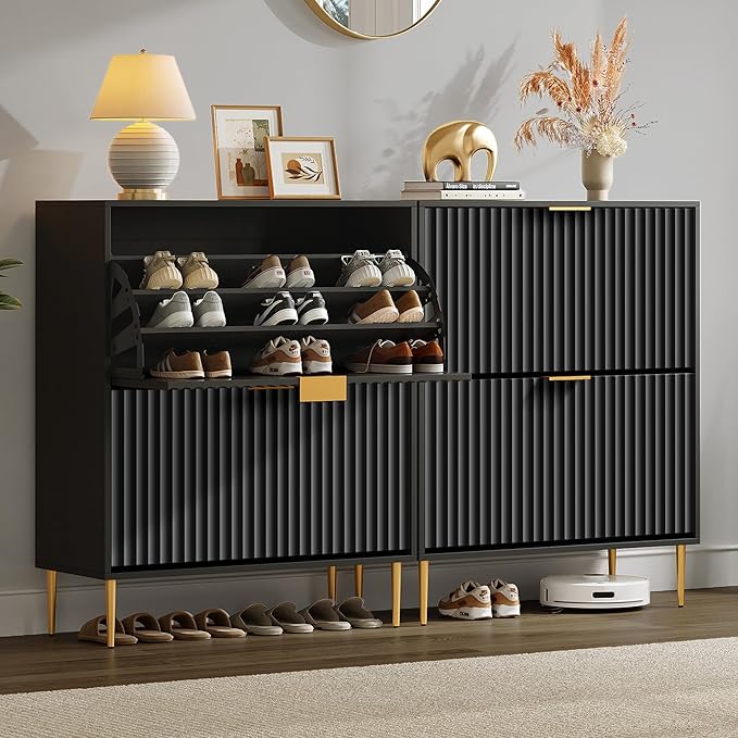 SICOTAS Fluted Shoe Cabinet Storage for Entryway with 6 Flip Drawers-11.8"Deep Frestanding Shoe Organizer Cabinet with 6-tier Shelves, Large 60 Pairs Shoes Rack Cabinet for Foyer Hallway, Black, 3PCS