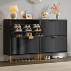 SICOTAS Fluted Shoe Cabinet Storage for Entryway with 6 Flip Drawers-11.8"Deep Frestanding Shoe Organizer Cabinet with 6-tier Shelves, Large 60 Pairs Shoes Rack Cabinet for Foyer Hallway, Black, 3PCS