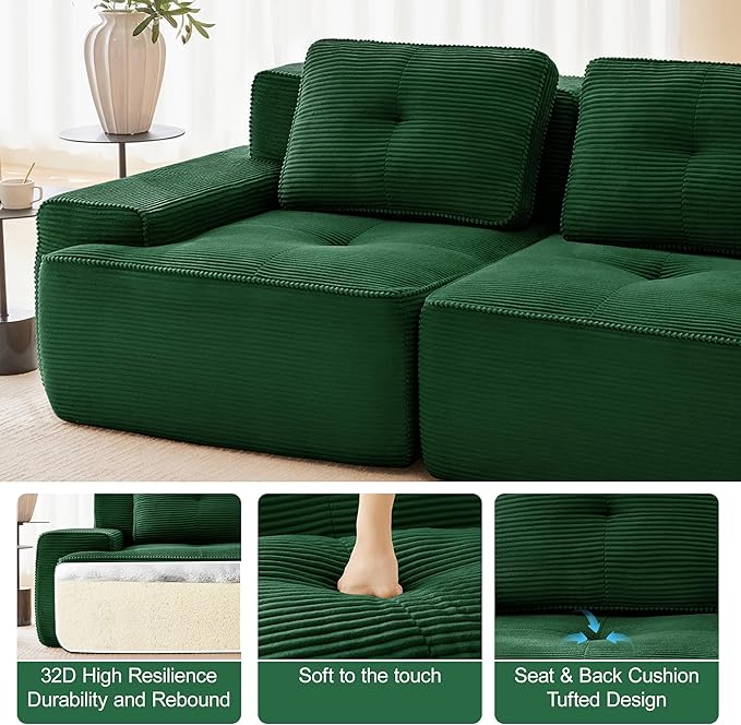 80.3” Green Boneless Couches for Living Room, Modular Sectional Sofa, 2 Seater Comfy Upholstered Loveseat Deep Seat Corduroy Fabric Cloud Couch No Assembly, Anti-Slip Design