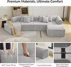 140''Oversized Cloud Velvet Curved Sectional Couch, Boneless Couch with L-Shape Chaise, Upholstered Compression Memory Foam Modular Sectional Sofa for Living Room, No Assembly Required, Grey