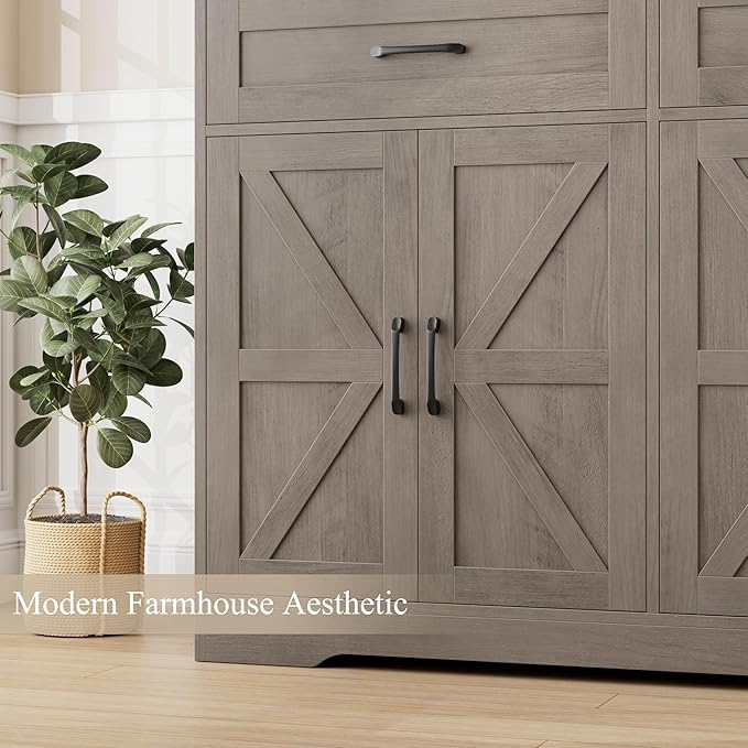 HOSTACK 71" Tall Bookcase with Drawers and Doors, 47" Wide Book Shelf and Bookcase with Storage, 6 Tier Large Book Storage Cabinet with 14" Deep Display Shelves for Living Room, Home Office, Ash Grey