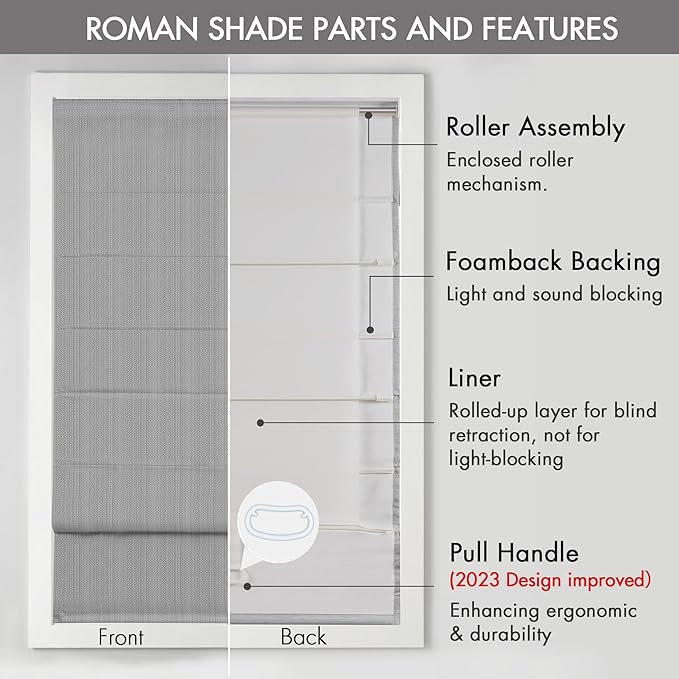 Madison Park Galen Cordless Roman Shade, 29"W x 64"H, Sheen Grey – Room Darkening, Thermal Insulated, Energy Efficient Window Blind with Subtle Sheen Basketweave Fabric for Privacy