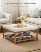 VEVOR Large Square Ottoman Coffee Table, 34.5 Inch Tufted Coffee Table with Solid Wood Shelf Storage, Linen Solid Upholstered Footrest Ottoman for Bedroom Living Room, 400 LBS, Off-White