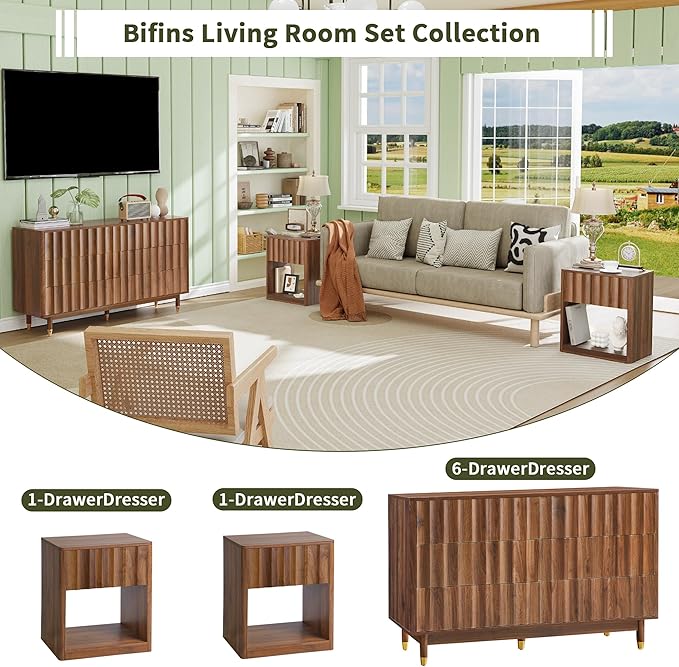 Fluted Dresser, Small Nightstands Set of 2, Natural Bedside Table with Drawer and Storage, Mid Century Modern Side Table for Bedroom Living Room Sofa
