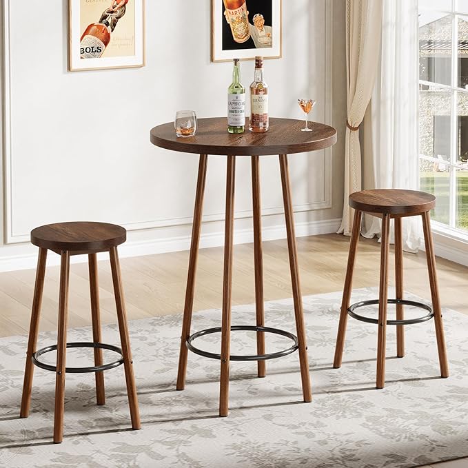 Tribesigns 3 Pieces Bar Table Set, 23.6" Round Pub Table, Small Bar Height Pub for 2, Industrial Home Bar Unit Set with 2 Stools for Kitchen, Dining Room, Living Room & Bistro, Rustic Brown
