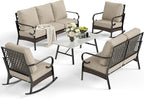 5 Piece Metal Outdoor Patio Furniture Set, Patio Conversation Sets, Outdoor Seating Furniture 3-Seater Sofa, 2 Leg Chair and 2 Swivel Chair with 5.75" Cushion for Backyard Deck, Beige