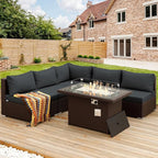 NICESOUL 6 Piece L Shape Outdoor Couch Set with Fire Pit Natural Gas/Propane, 29.3'' High Back Deep Wide Seated Patio Conversation for Deck, Wicker Patio Furniture Set, Brown Rattan and Grey Cushion