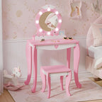 TOLEAD Girls Vanity with Lights, Mirror and Stool, Kids Make Up Vanity Set with Storage Space, Wing Pattern for Little Girls, Toddler Princess Makeup Dressing Table with Chair Set, Pink