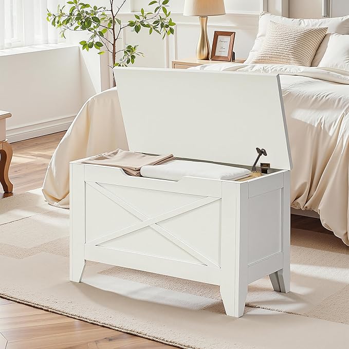 VECELO 30" Storage Bench, Entryway Shoe Ottoman, Farmhouse Style Bench with Handwoven Cushion and Metal Safety Hinges, for Bedroom, Living Room, Entryway, White