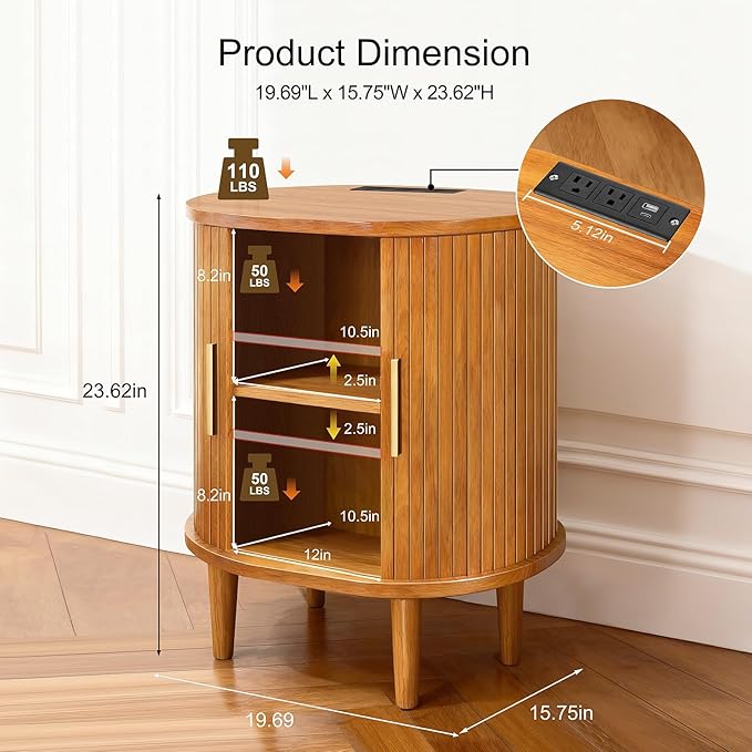 Nightstands Set of 2 & Charging Station, Fluted Accent Side Table with Sliding Door & Adjustable Shelf, Mid-Century Modern End Table for Small Space, Living Room, Bedroom (2, Yellow Walnut)