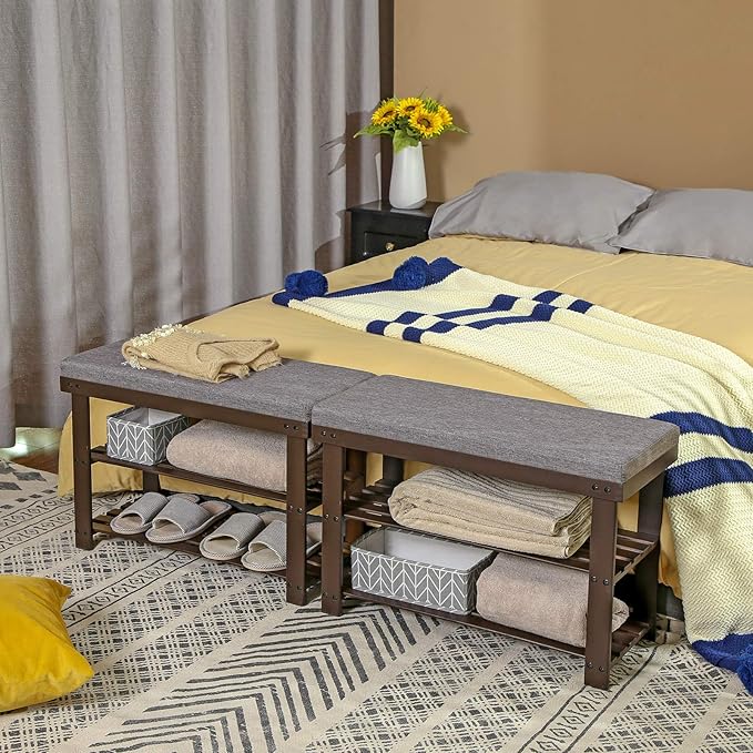 SONGMICS Bamboo Shoe Bench, 3-Tier Shoe Rack Organizer for Entryway, Living Room, Bench Seat Holds Up to 300 lb, 11.9 x 28.3 x 19.2 Inches, Rustic Walnut and Slate Gray ULBS604CG