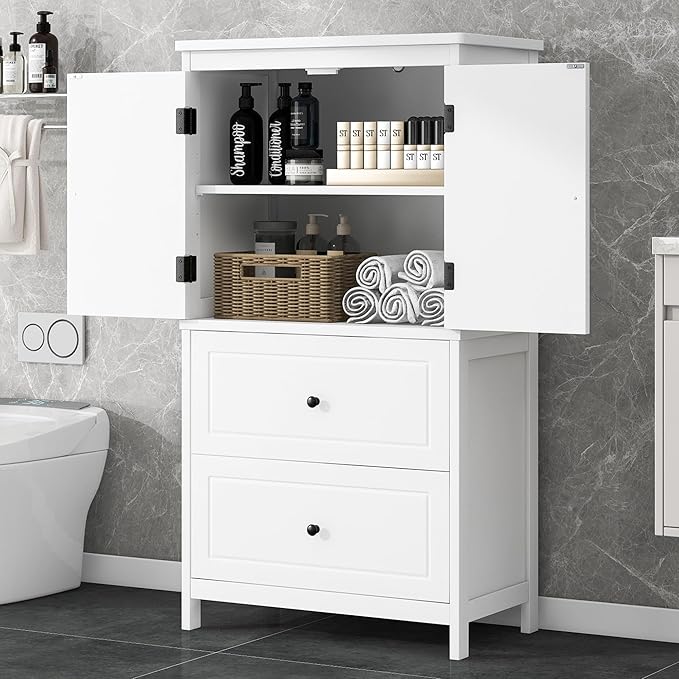 Tall Storage Cabinet, Bathroom Floor Freestanding Storage Cabinet with 2 Doors and 2 Drawers for Bathroom, Office, Living Room, White