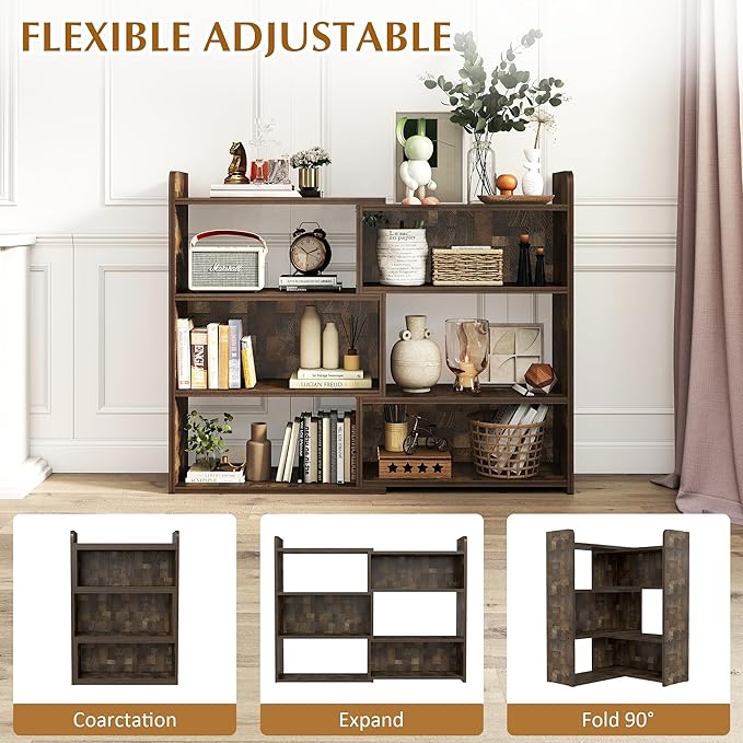 NOBPEINT Wooden Expandable Bookcase, 3-Tier Ladder Open Storage Bookshelf, Storage Organizer Bookcase for Study Office Living Room, Brown